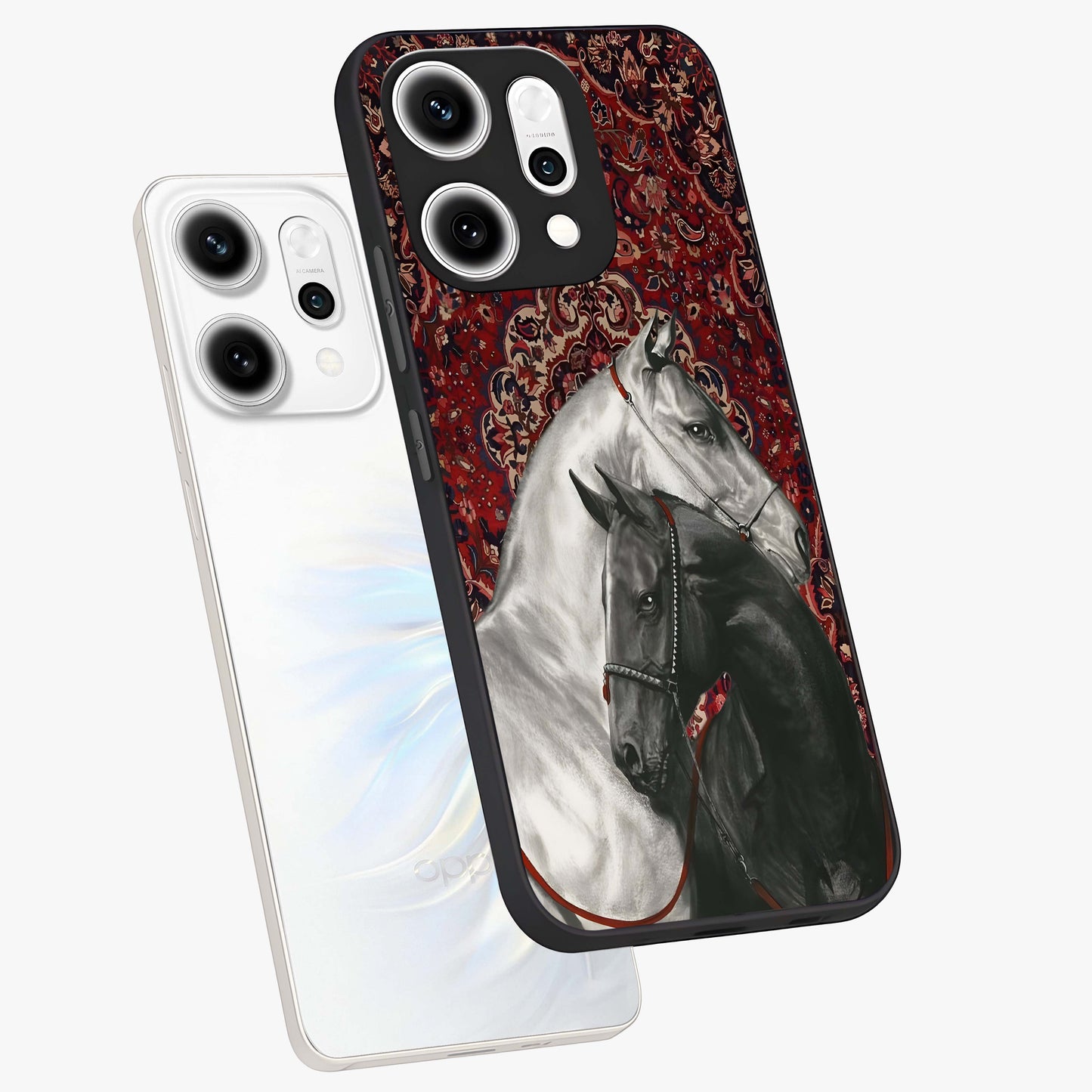 Regal Stallion Tapestry Glass Case displayed in angled mockup highlighting royal stallion design with decorative heritage aesthetic.