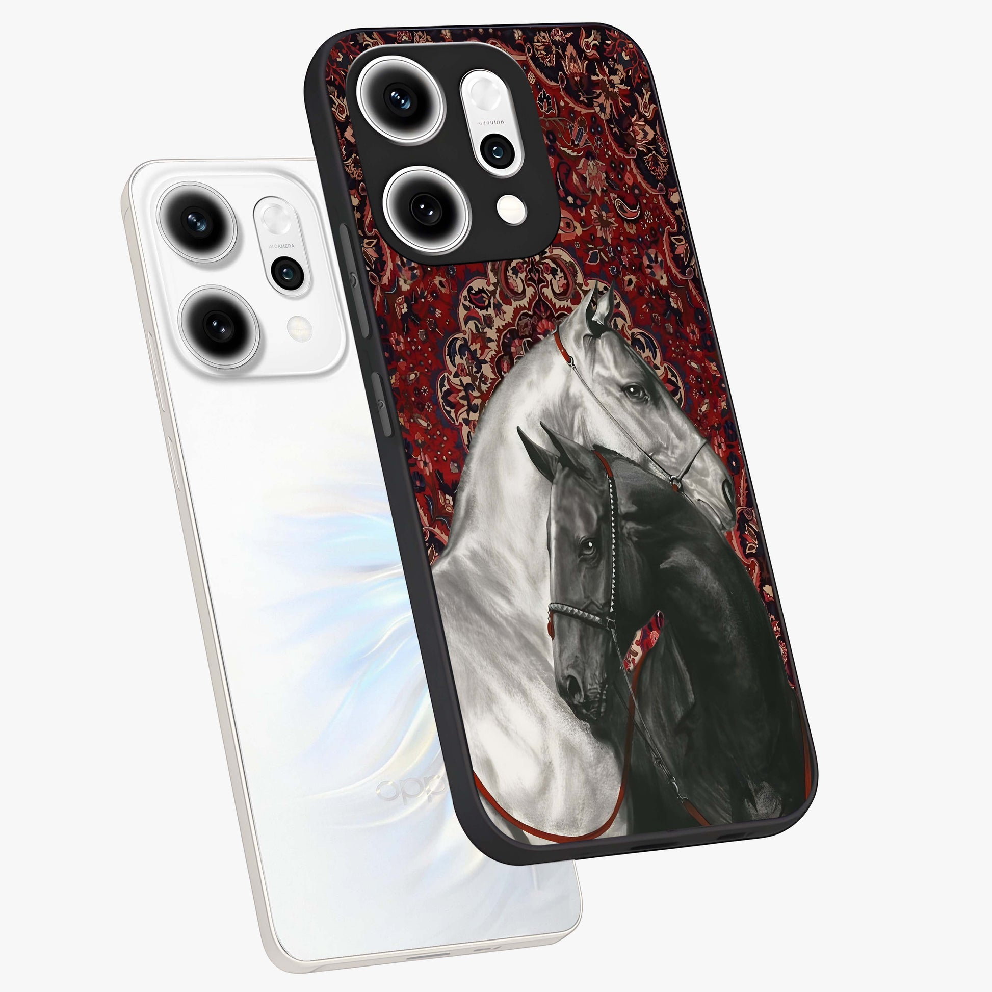Regal Stallion Tapestry Glass Case displayed in angled mockup highlighting royal stallion design with decorative heritage aesthetic.
