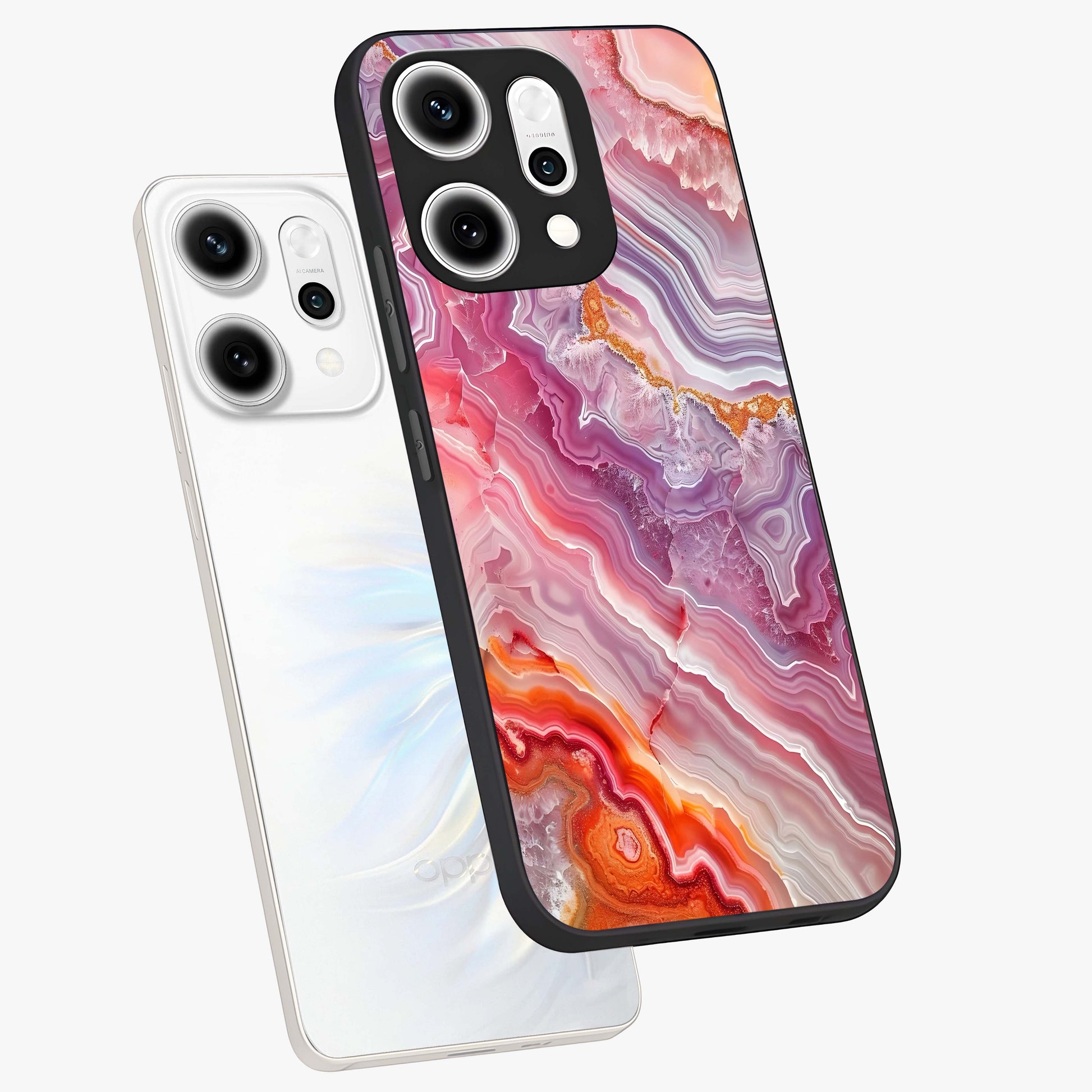 Rose Quartz Marble Glass Case displayed in angled mockup highlighting elegant marble pattern with soft aesthetic style.