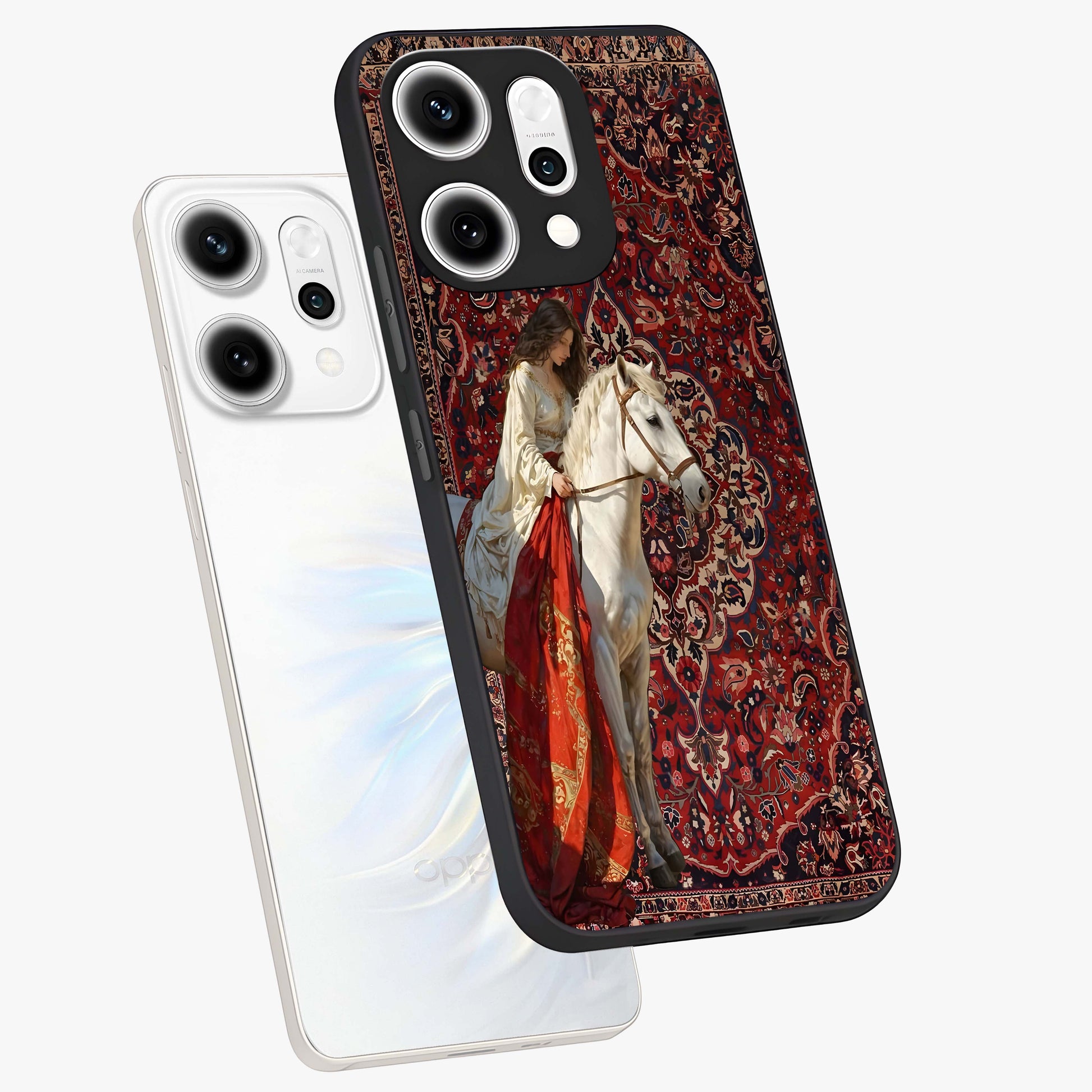 Royal Rider Tapestry Glass Case displayed in angled mockup highlighting traditional tapestry design with royal heritage aesthetic.