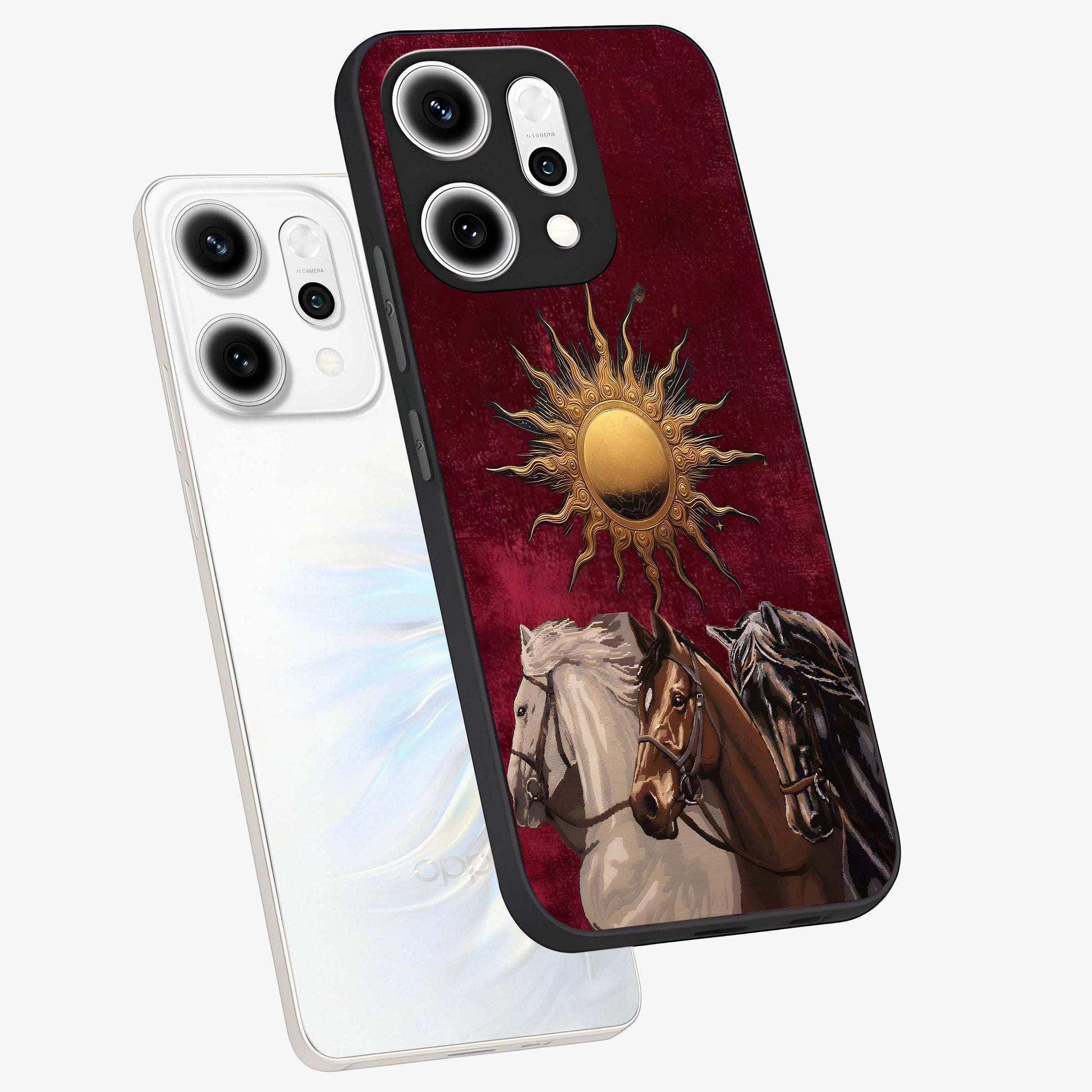 Solar Riders Glass Case displayed in angled mockup highlighting powerful rider illustration with radiant solar aesthetic.