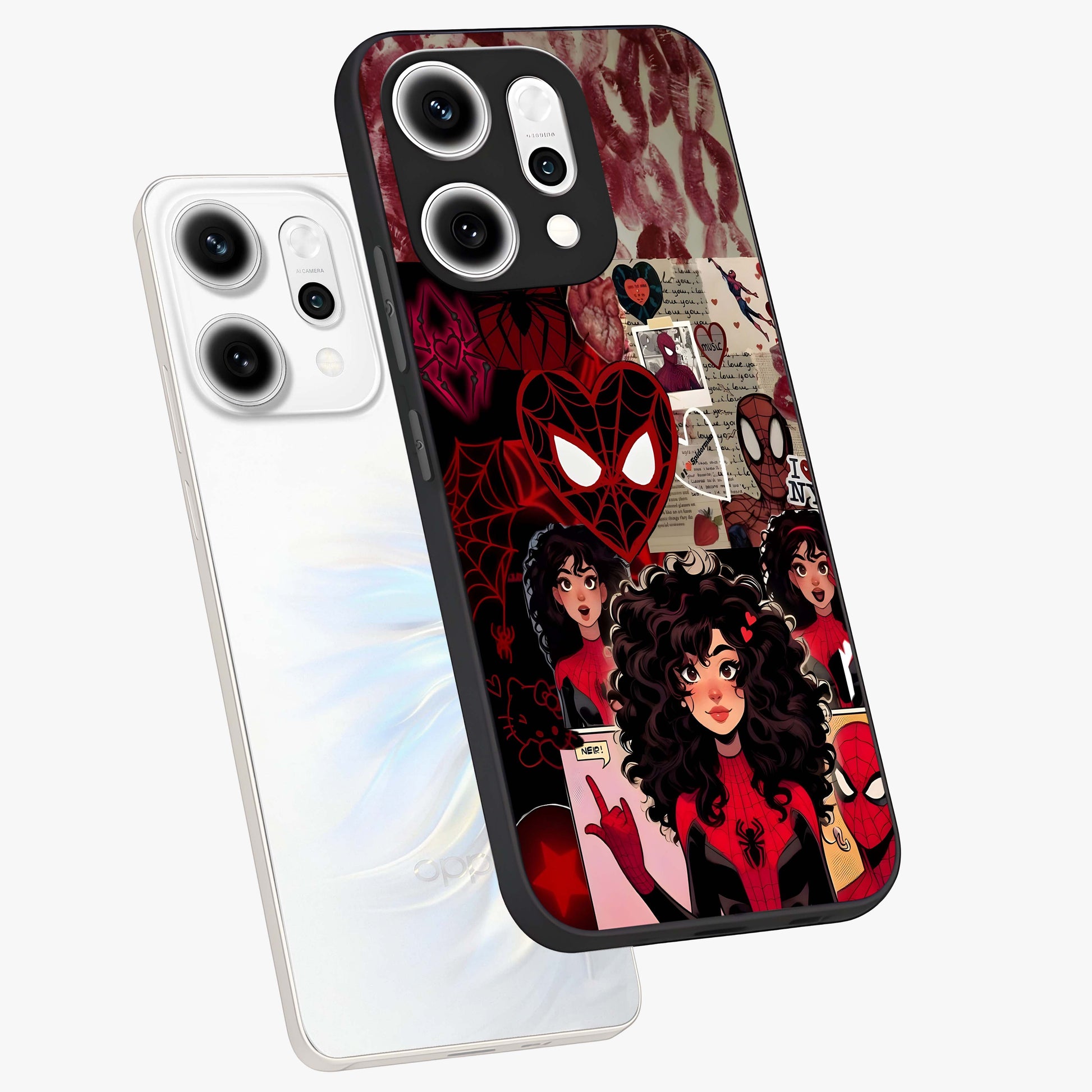 Spider Love Story Glass Case displayed in angled mockup highlighting expressive comic inspired design with playful aesthetic.