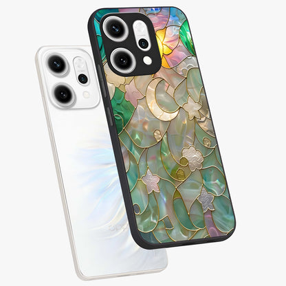 Stained Sunrise Glow Glass Case displayed in angled mockup highlighting radiant sunrise design with artistic aesthetic style.