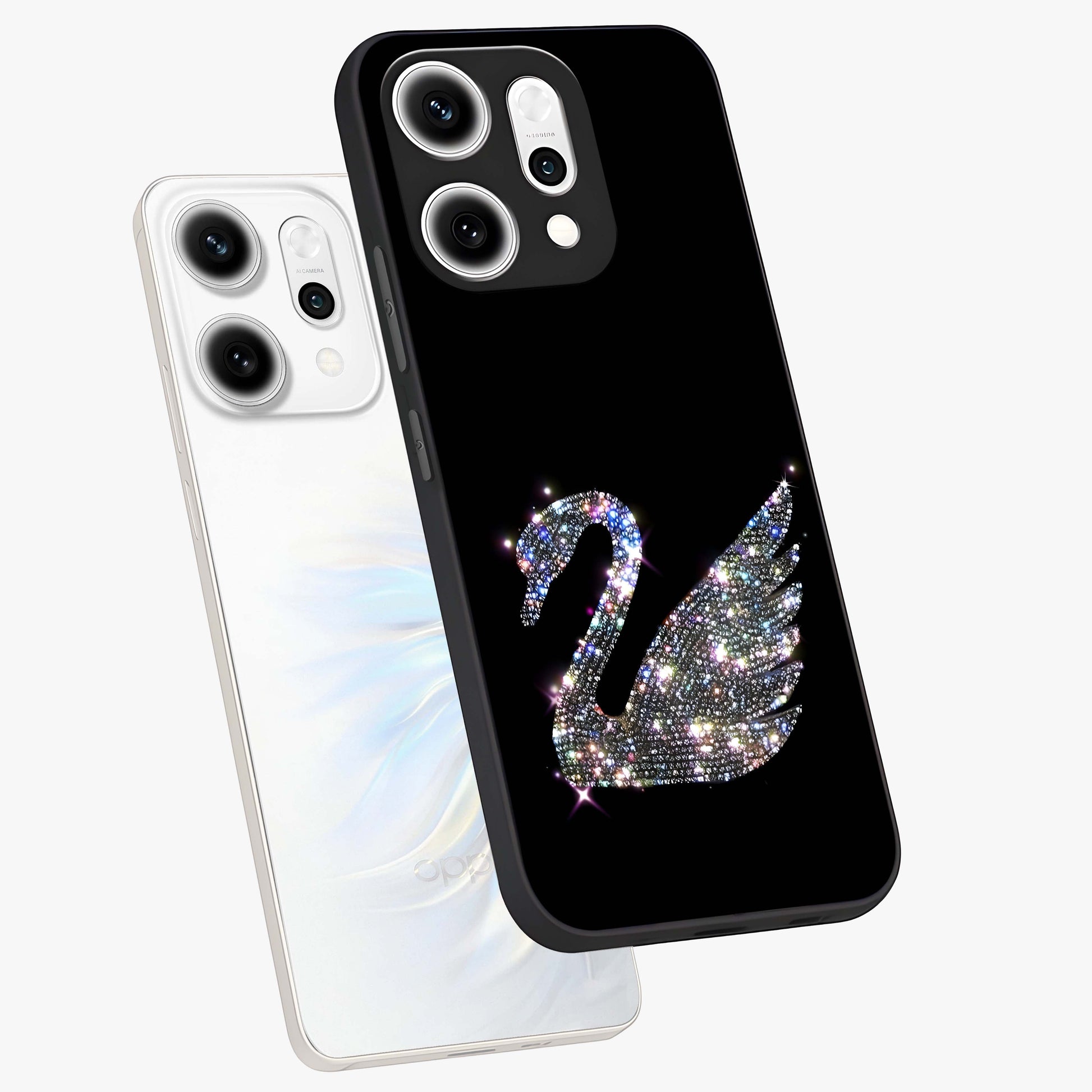 Starlit Swan Grace Glass Case displayed in angled mockup highlighting elegant swan illustration with dreamy celestial aesthetic.
