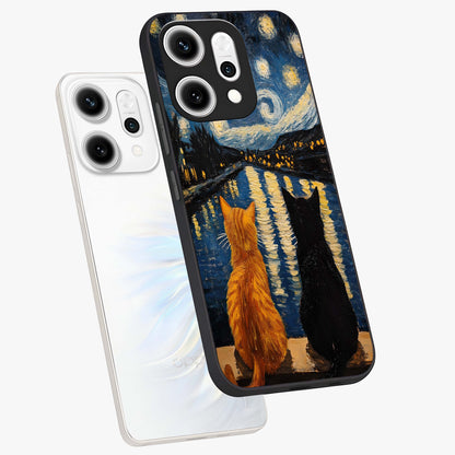 Starry River Cats Glass Case displayed in angled mockup highlighting charming feline illustration with dreamy night aesthetic.