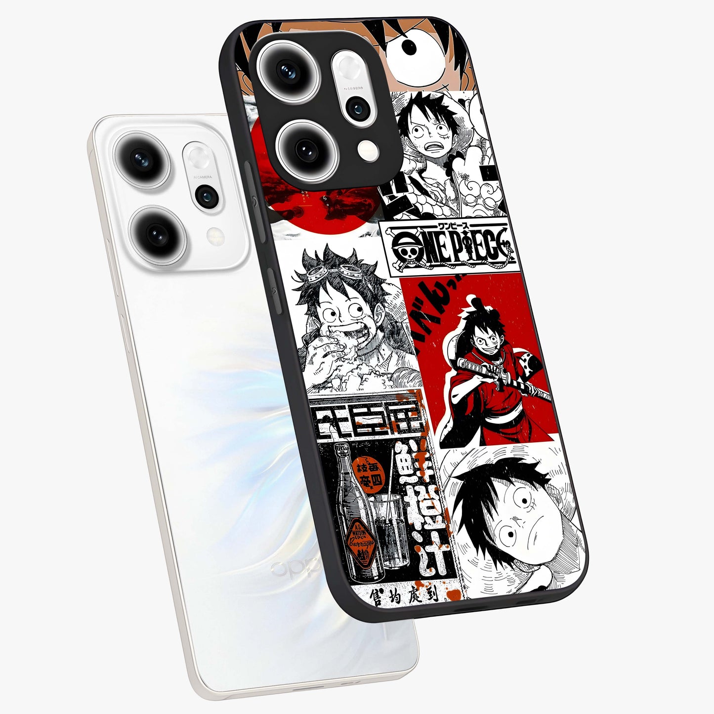 Strawhat Chaos Panels Glass Case displayed in angled mockup highlighting vibrant anime collage design with action aesthetic.