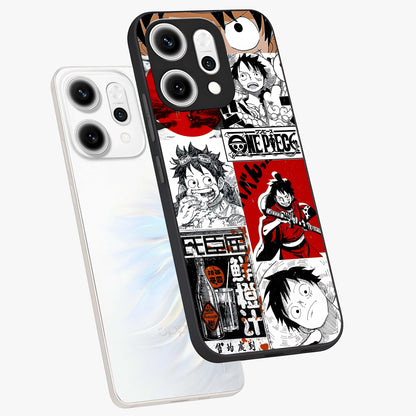 Strawhat Chaos Panels Glass Case displayed in angled mockup highlighting vibrant anime collage design with action aesthetic.