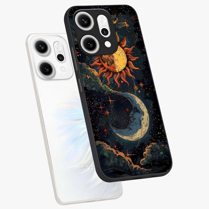 Sun And Moon Magic Design Glass Case displayed in angled mockup highlighting celestial design with magical cosmic aesthetic.