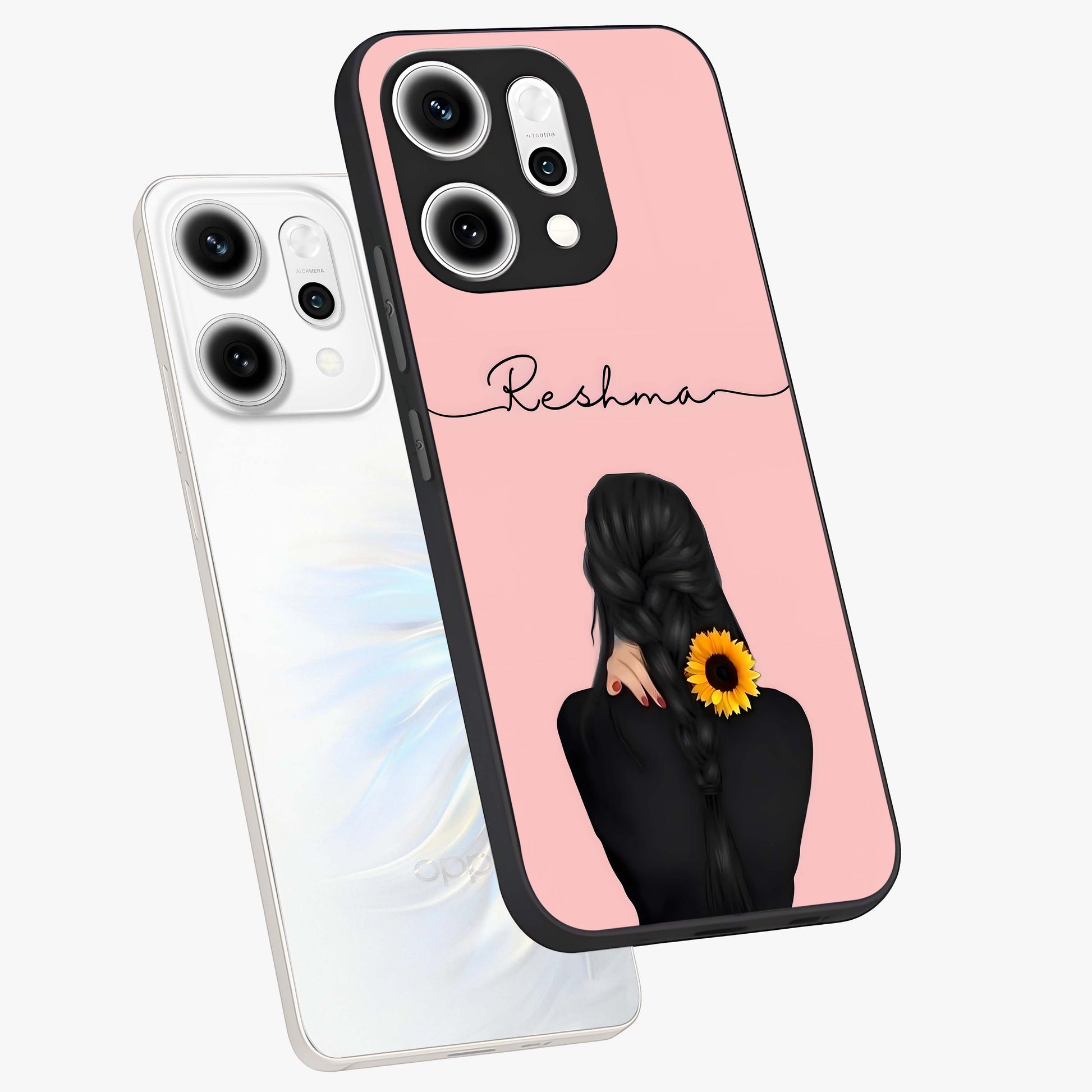 Sunflower Braid Beauty With Custom Name Glass Case displayed in angled mockup highlighting elegant sunflower design with custom name feature.