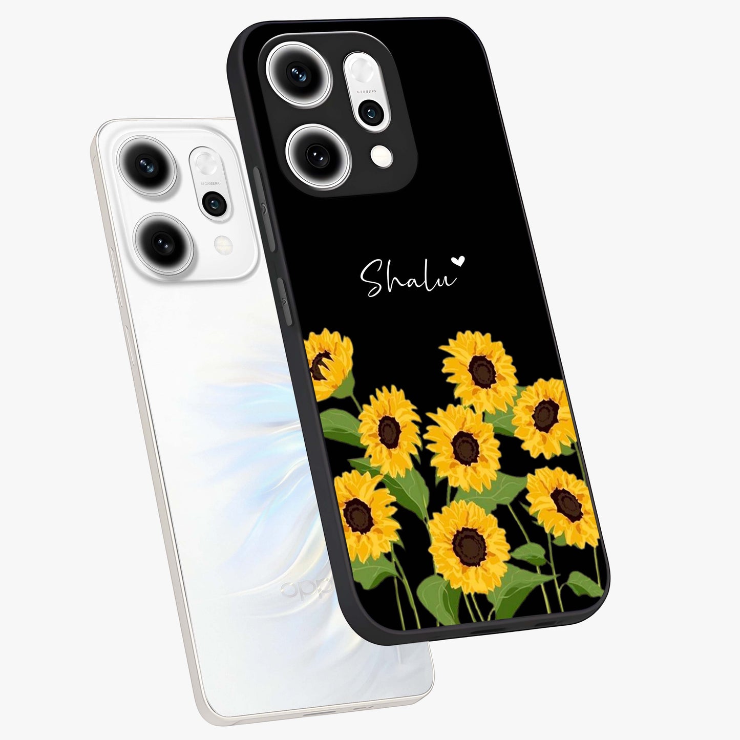 Sunflower Chic Mood Custom Name Glass Case displayed in angled mockup highlighting vibrant sunflower design with custom name feature.