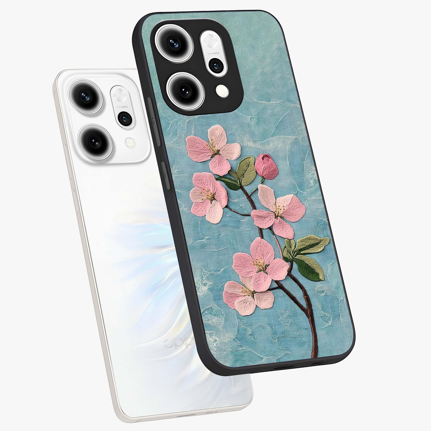 Threaded Blossom Breeze Glass Case displayed in angled mockup highlighting elegant floral design with soft aesthetic style.