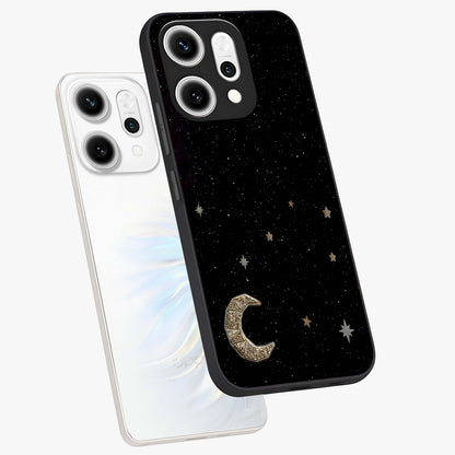 Twinkle Star With Half Moon Glass Case displayed in angled mockup highlighting celestial moon and star design with magical aesthetic.