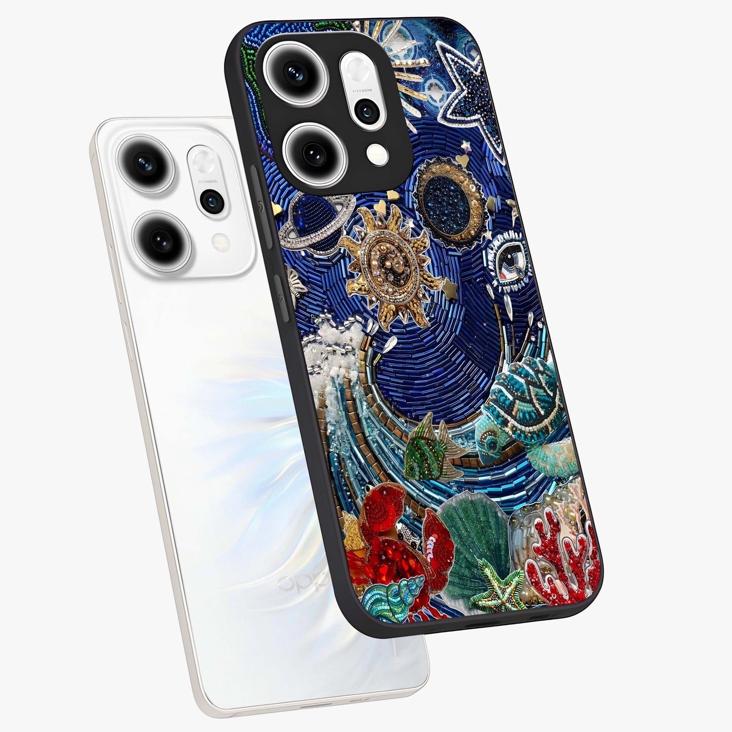 Universe Underwater Spark Glass Case displayed in angled mockup highlighting glowing aquatic design with celestial aesthetic.