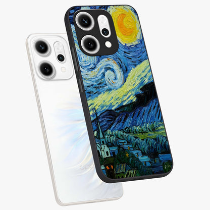 Van Gogh Art Glass Case displayed in angled mockup highlighting swirling brushstroke design with artistic aesthetic.