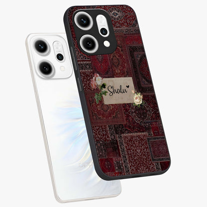 Velvet Wine Pattern Custom Name Glass Case displayed in angled mockup highlighting decorative velvet inspired design with custom name feature.
