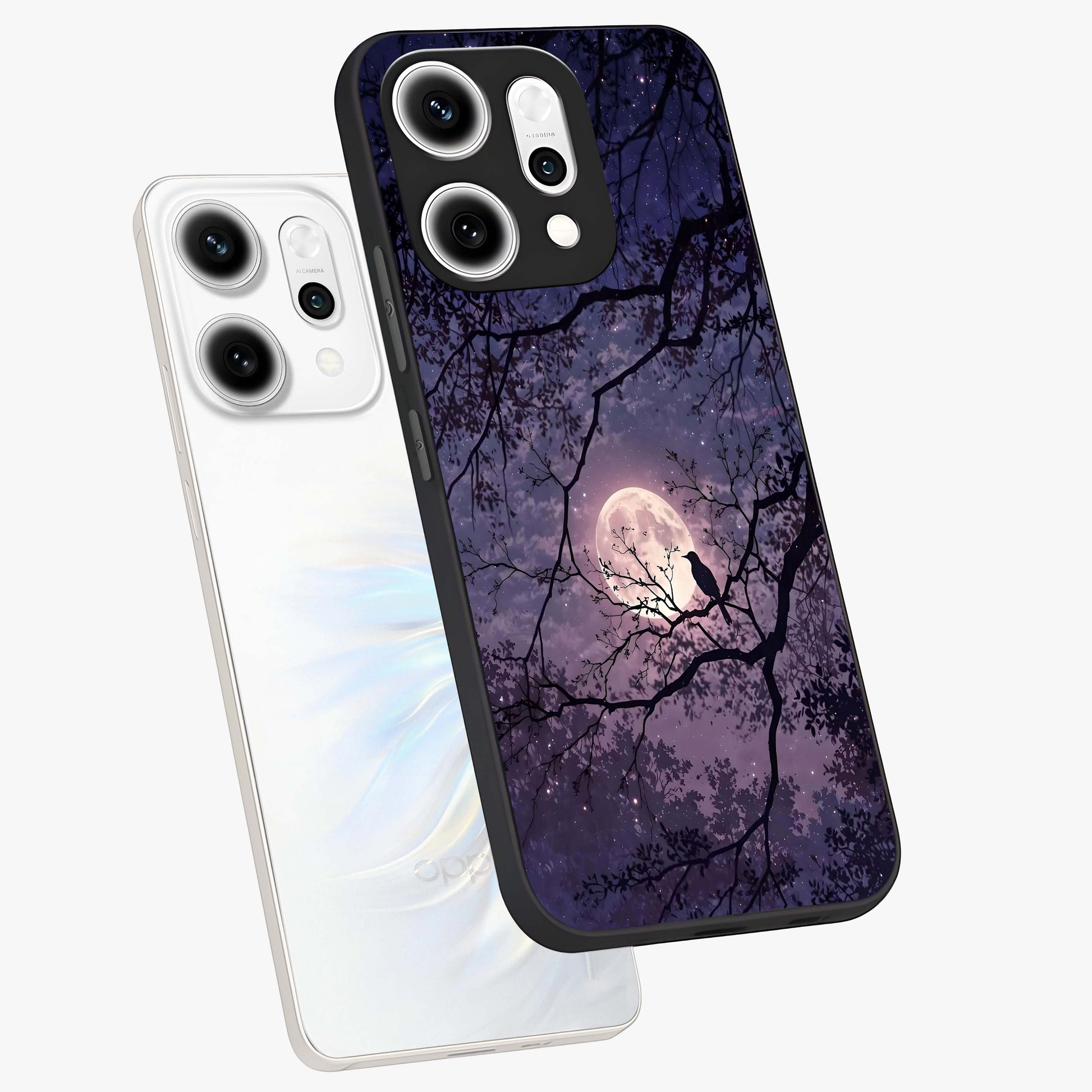 Whispering Moon Silence Glass Case displayed in angled mockup highlighting calm lunar design with dreamy night aesthetic.