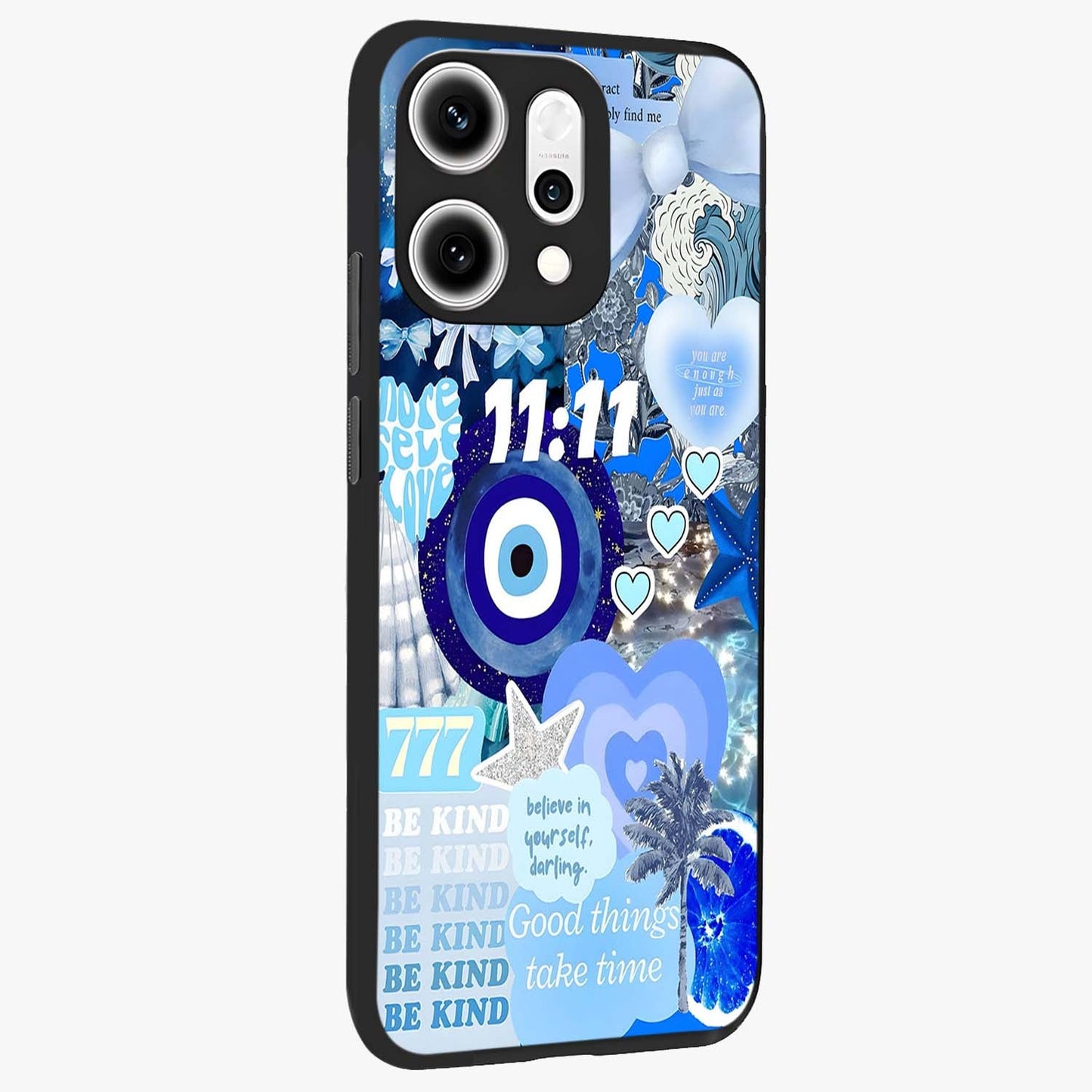 Aesthetic Be Kind Eye Glass Case upright view showcasing stylish eye illustration with positive message theme.