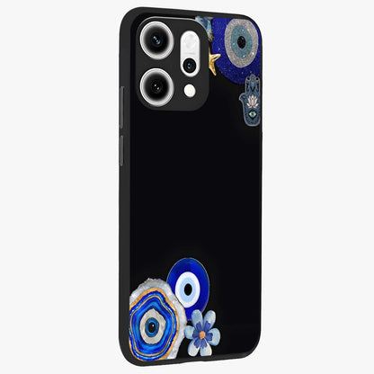 Aesthetic Blue Evil Eye Glass Case upright view showcasing mystical evil eye graphic with minimal aesthetic style.