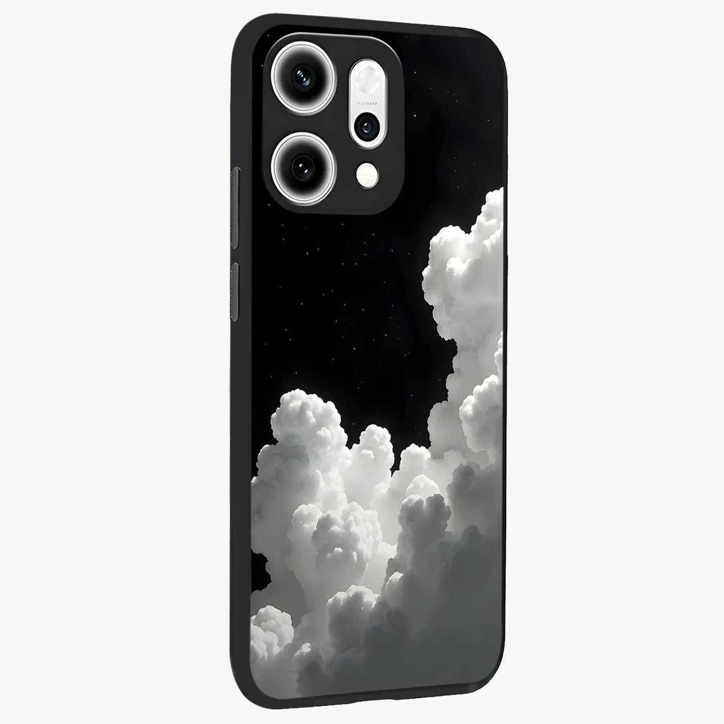 Black Background With White Cloud Glass Case upright view showcasing calm cloud aesthetic with modern minimal style.