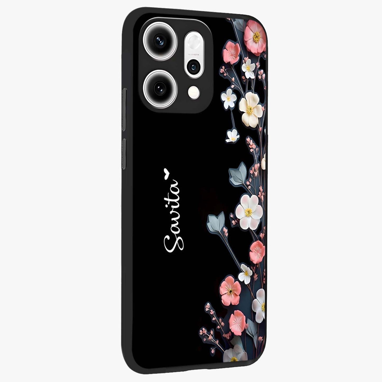Black Elegance Floral Custom Name Glass Case upright view showcasing luxurious black floral design with personalized name detail.