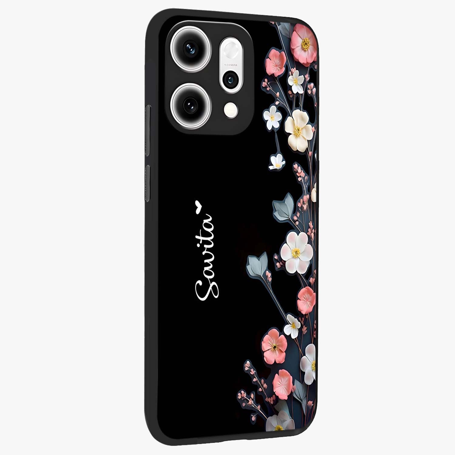 Black Elegance Floral Custom Name Glass Case upright view showcasing luxurious black floral design with personalized name detail.