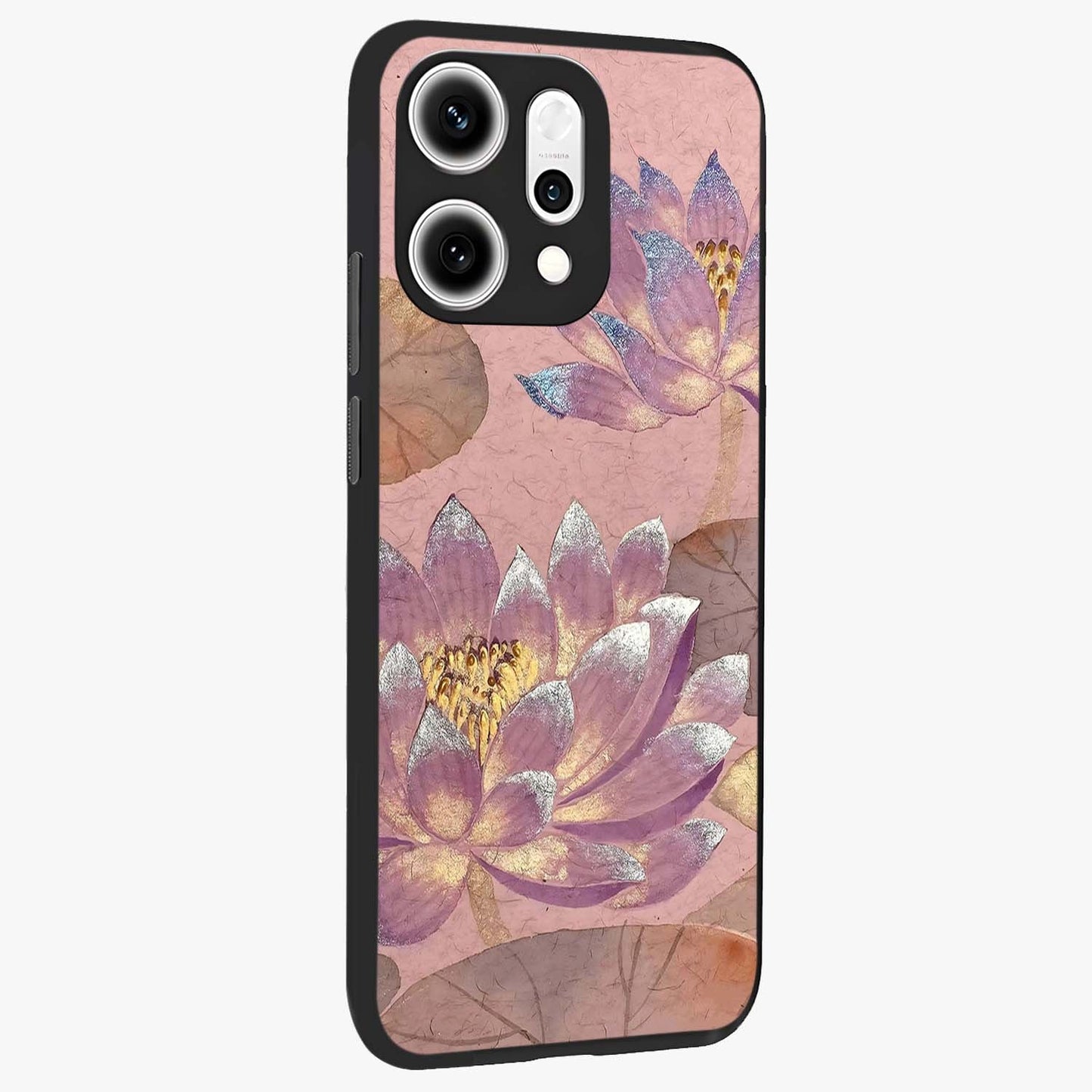 Blossom Mist Lotus Glass Case upright view showcasing graceful lotus flower design with peaceful botanical style.
