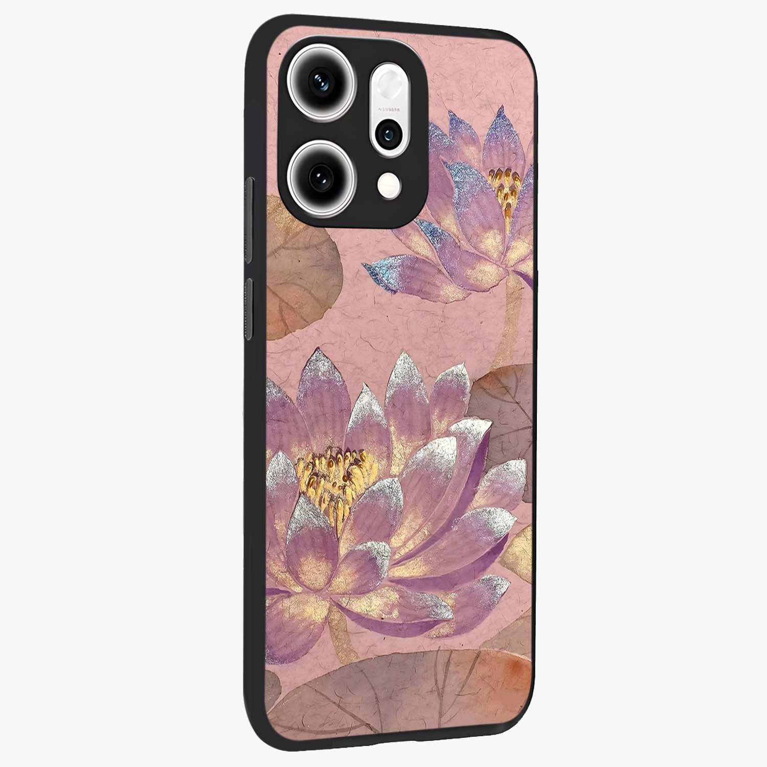 Blossom Mist Lotus Glass Case upright view showcasing graceful lotus flower design with peaceful botanical style.