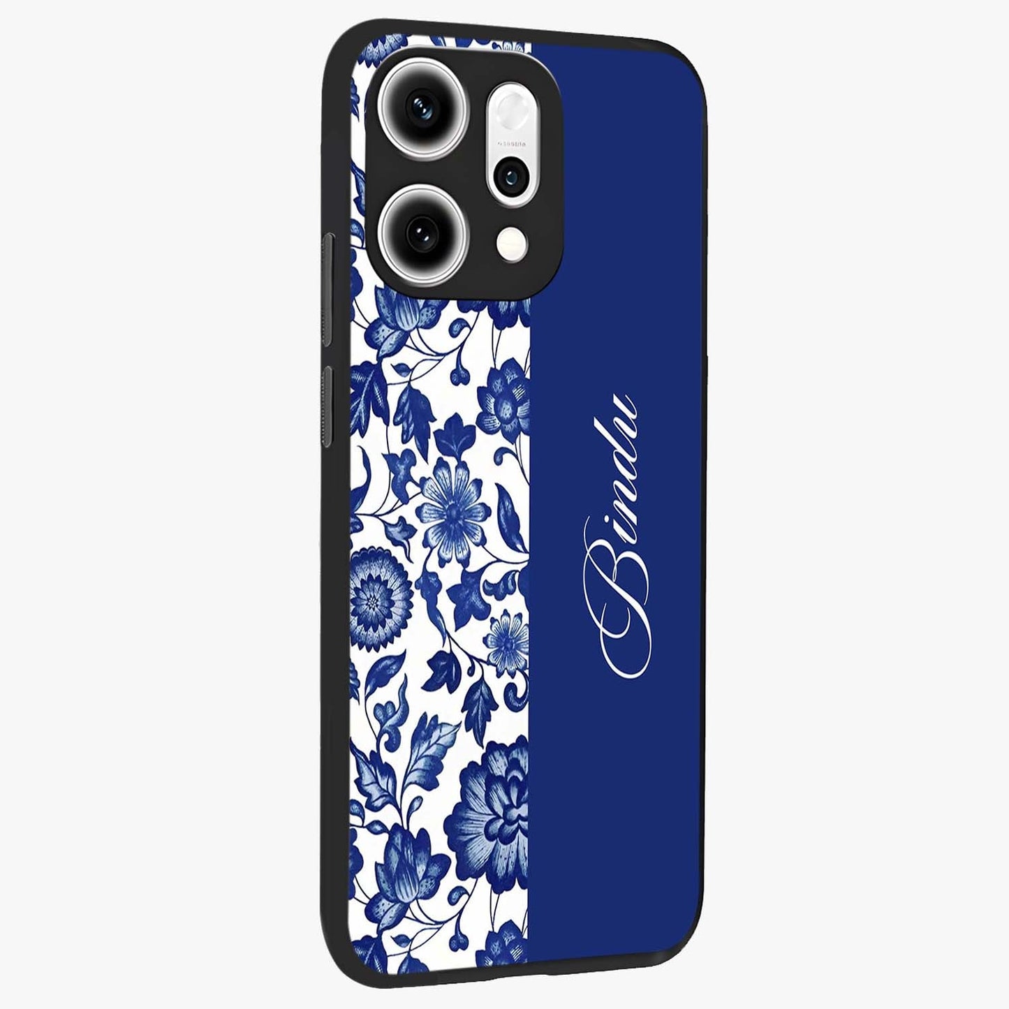 Blue Vintage Floral Pattern Glass Case upright view showcasing delicate blush floral texture with modern minimal style.