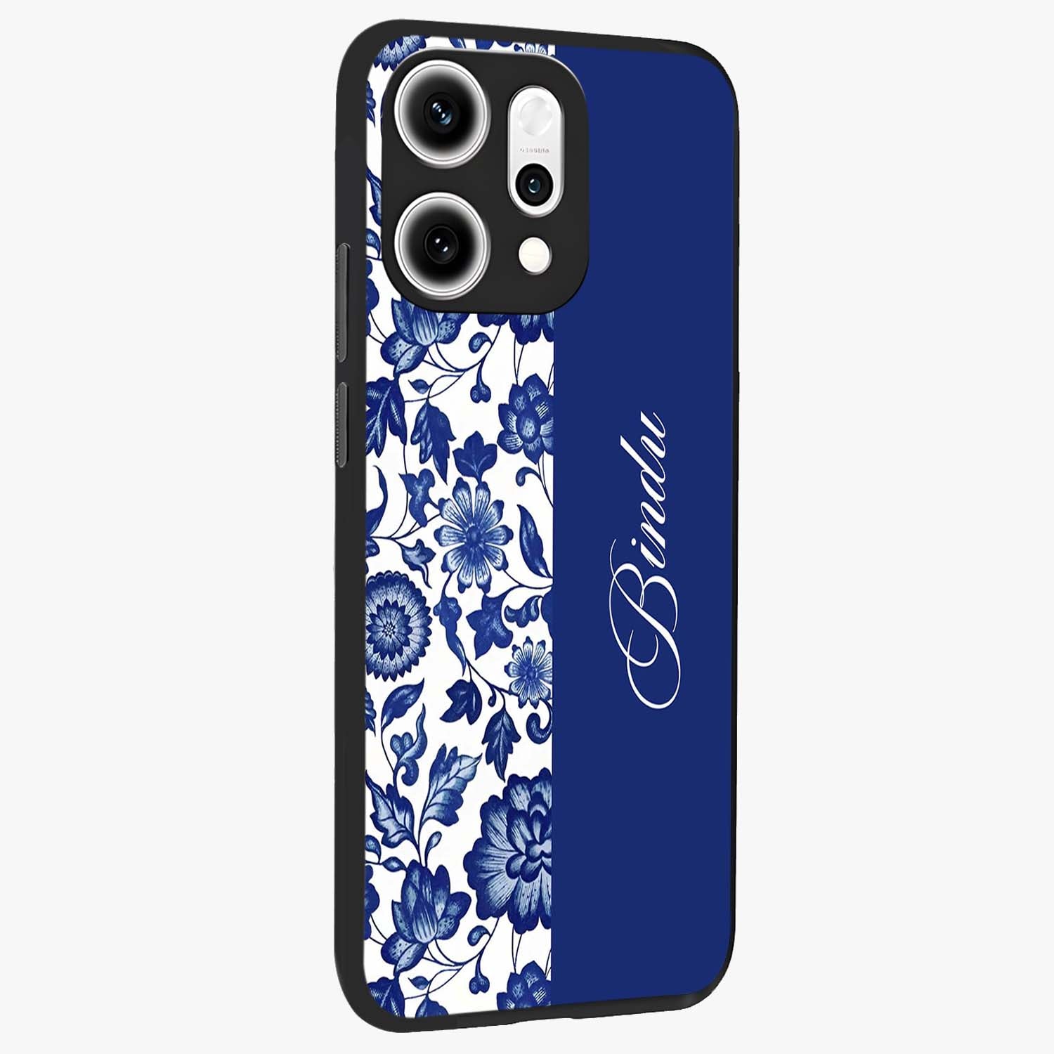 Blue Vintage Floral Pattern Glass Case upright view showcasing delicate blush floral texture with modern minimal style.