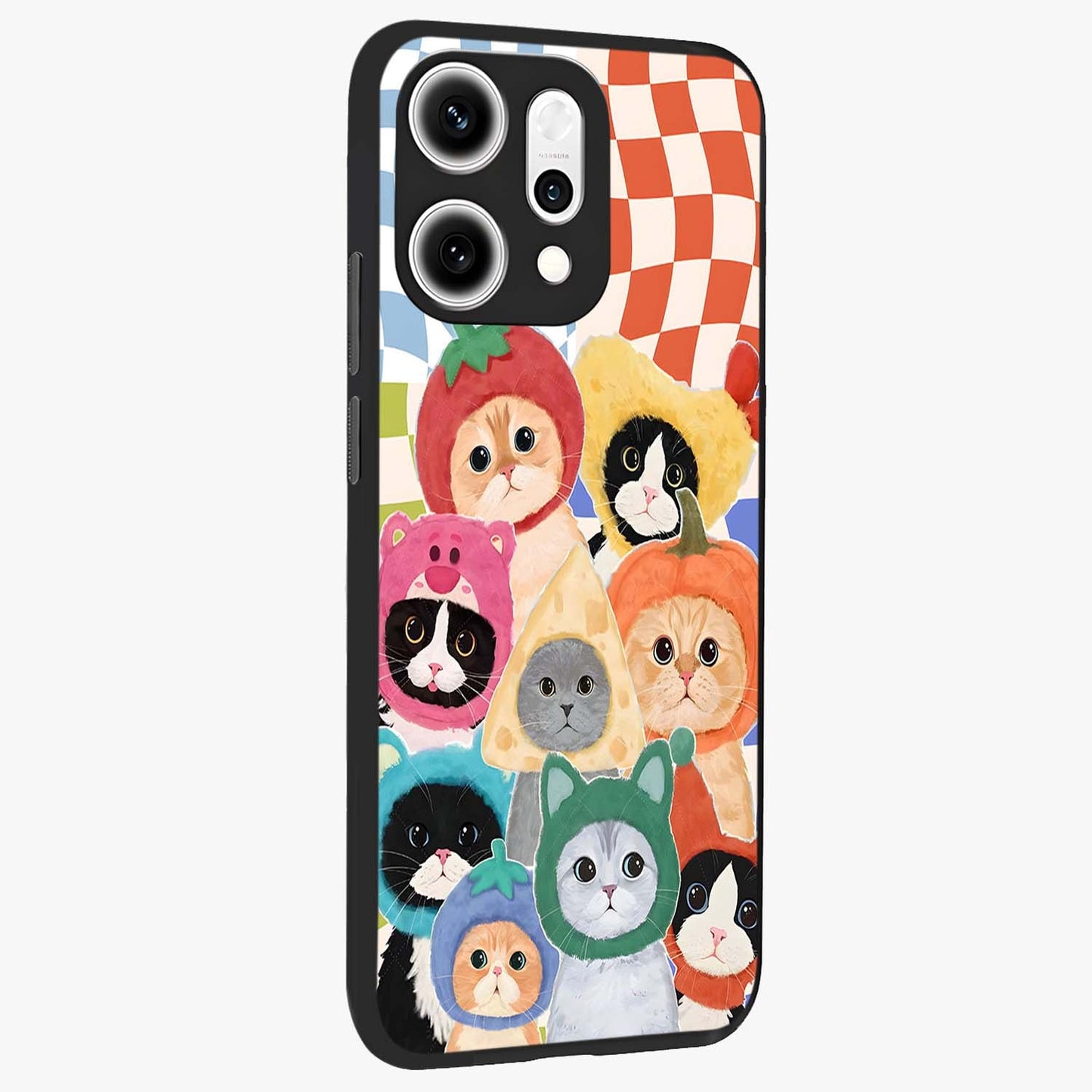 Cats in Fruits Glass Case upright view showcasing charming cat artwork with fun fruity theme.