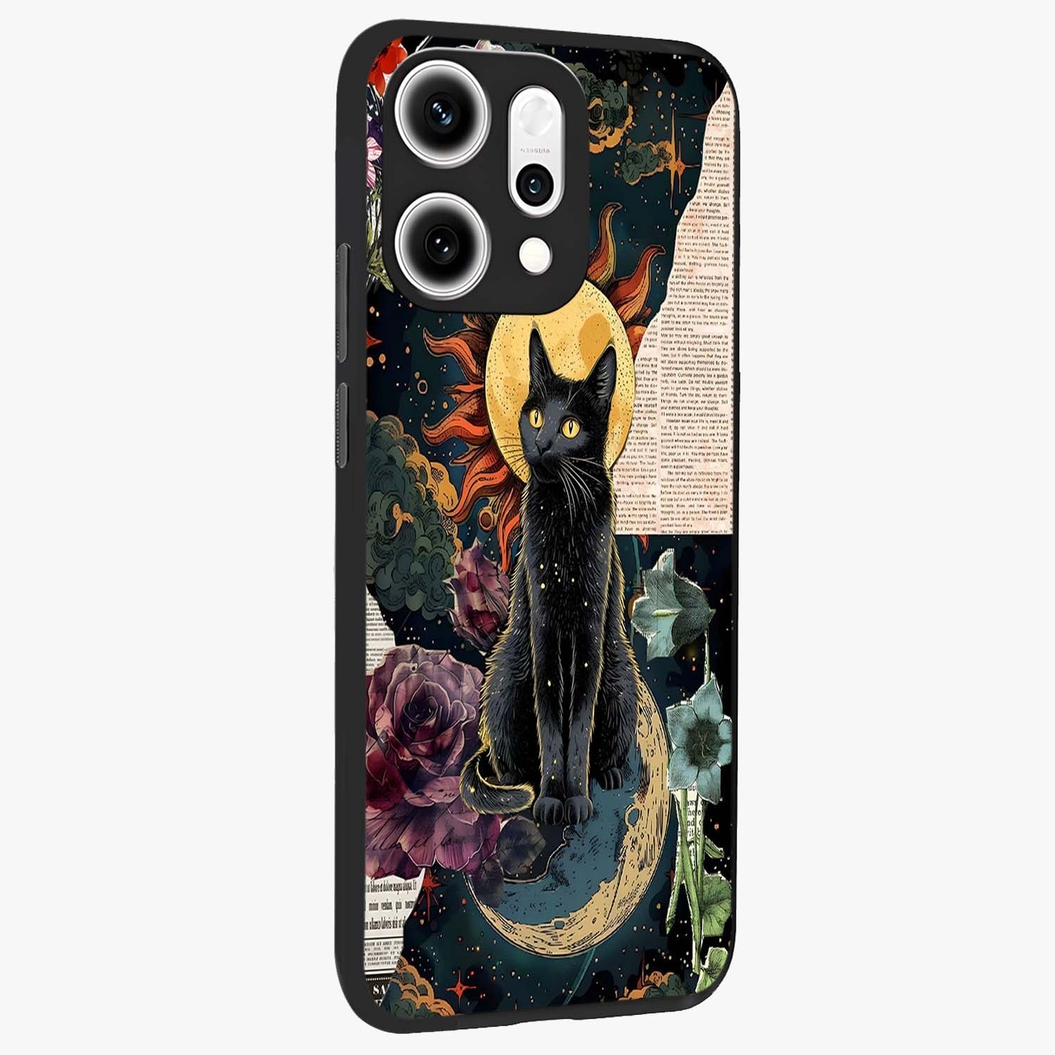 Celestial Black Cat Glass Case upright view showcasing magical black cat illustration with starry cosmic theme.