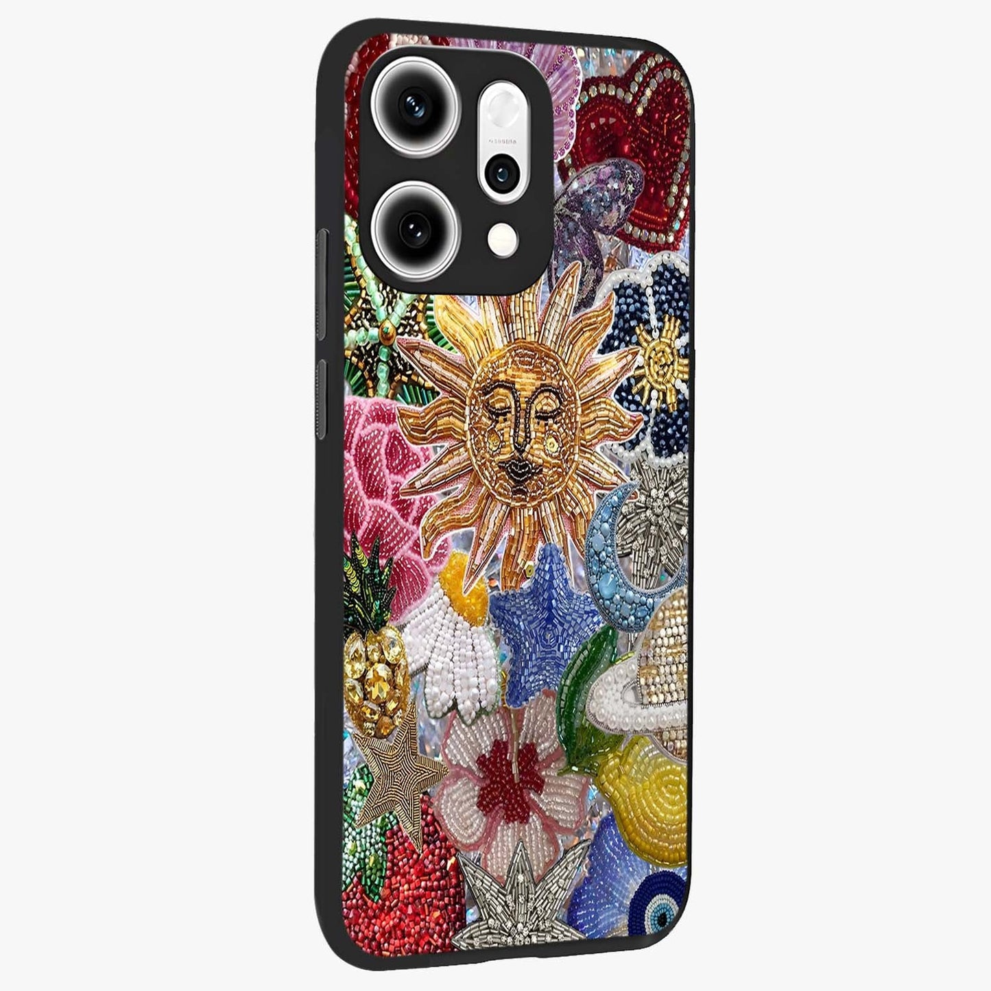 Celestial Floral and Playful Glass Case upright view showcasing whimsical floral artwork with cosmic aesthetic theme.