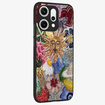 Celestial Floral and Playful Glass Case upright view showcasing whimsical floral artwork with cosmic aesthetic theme.