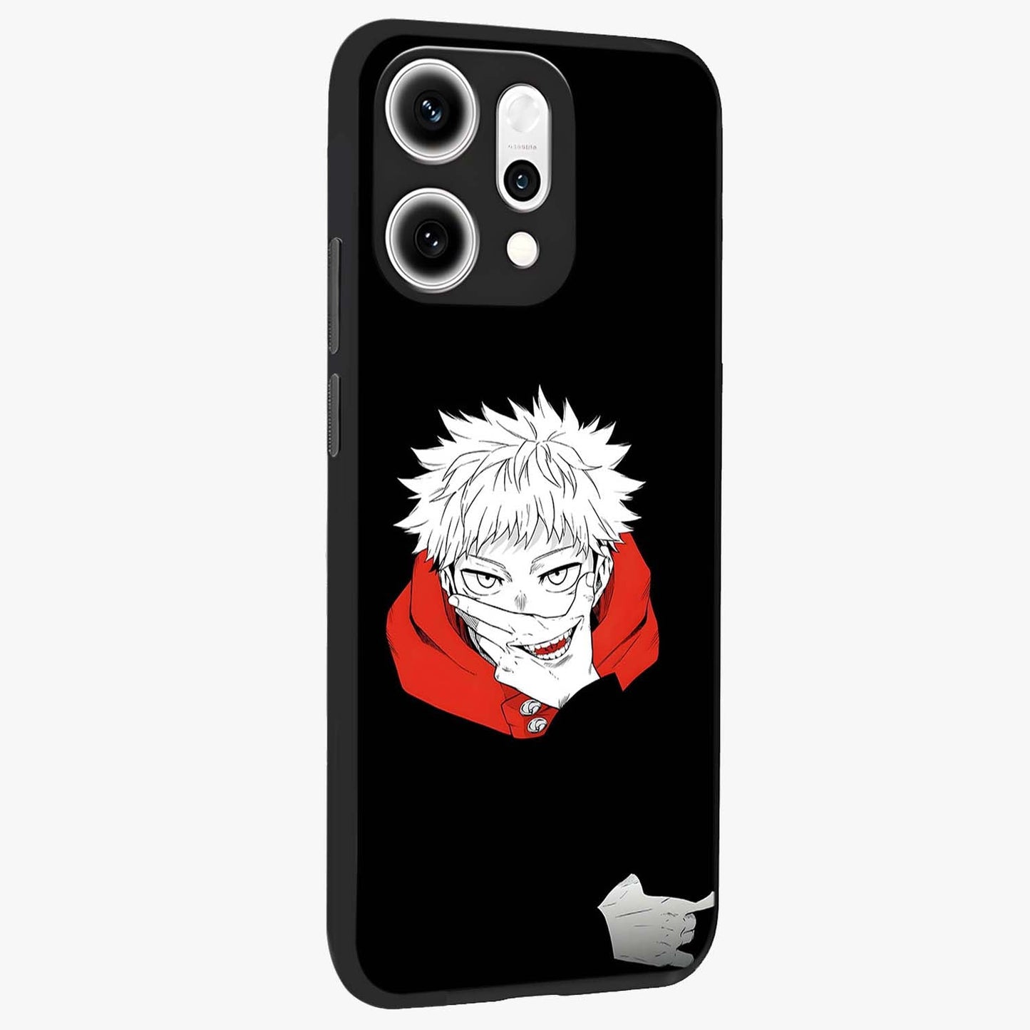 Crimson Chaos Smile Glass Case upright view showcasing expressive chaotic artwork with striking visual theme.