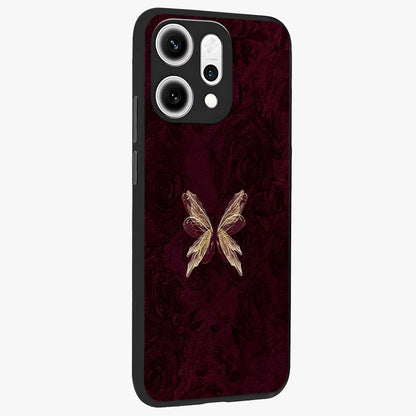 Crimson Fade Butterfly Glass Case upright view showcasing graceful butterfly artwork with soft crimson fade effect.