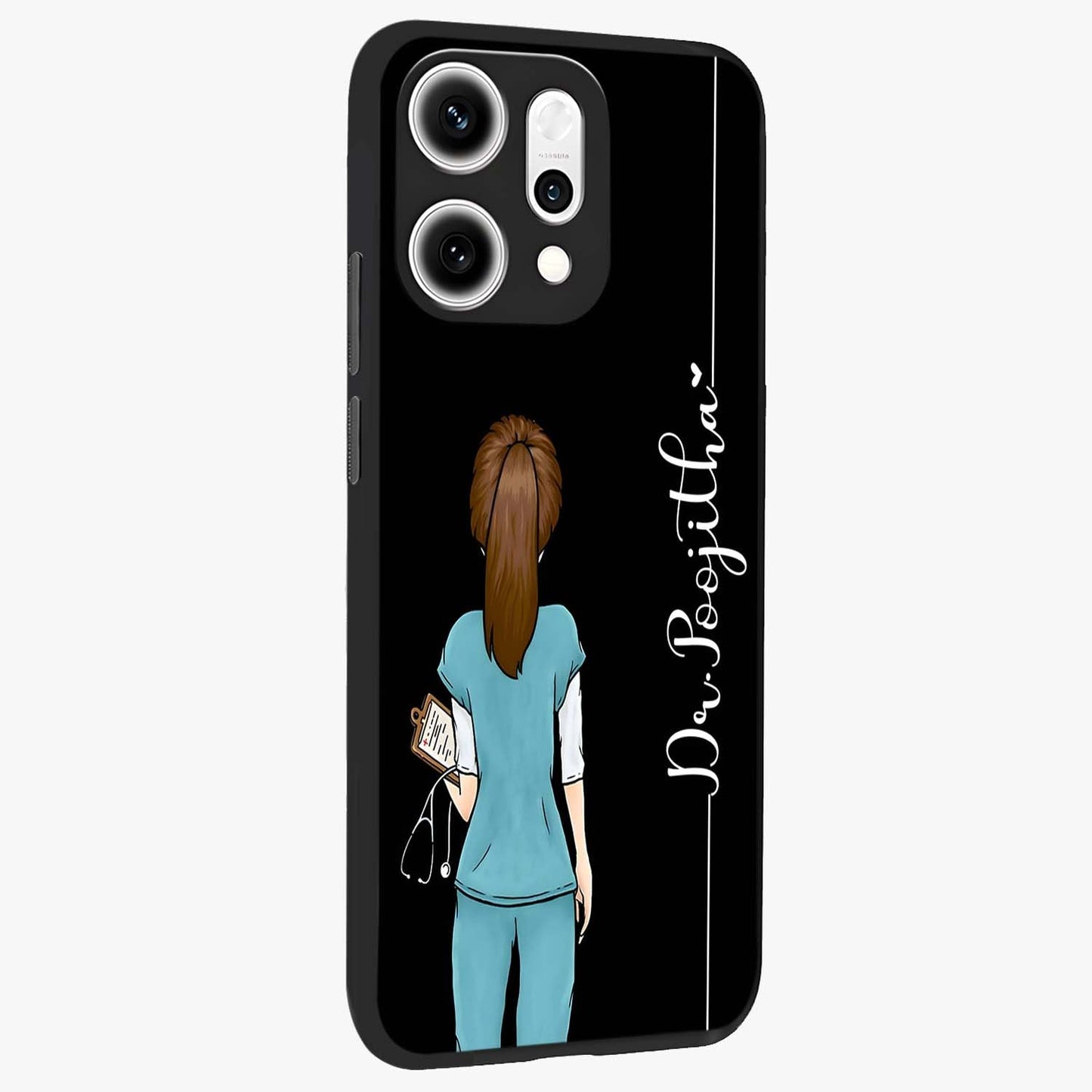 Doctor Pattern Custom Name Glass Case upright view showcasing healthcare themed design with personalized aesthetic.