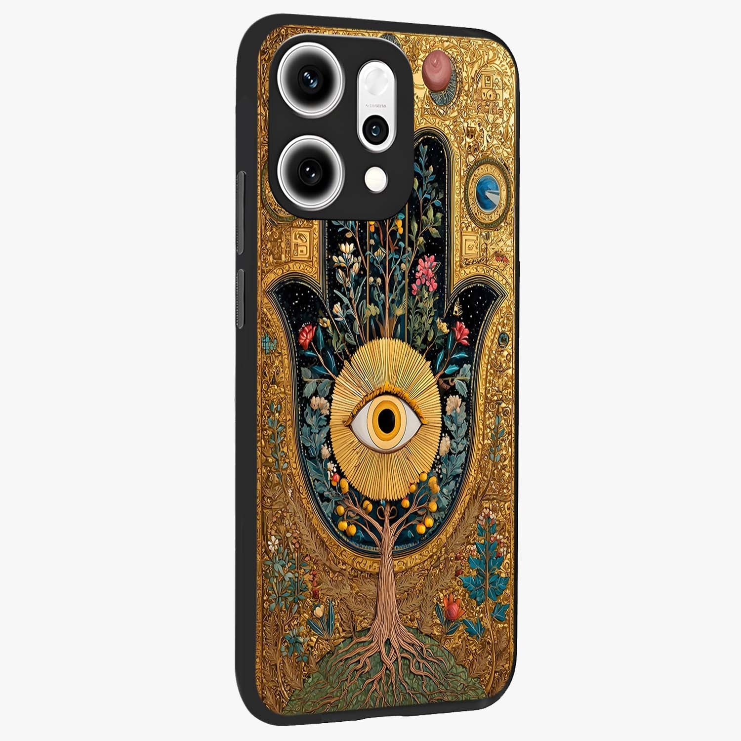 Ethereal Evil Eye Glass Case upright view showcasing celestial evil eye artwork with mystical theme.