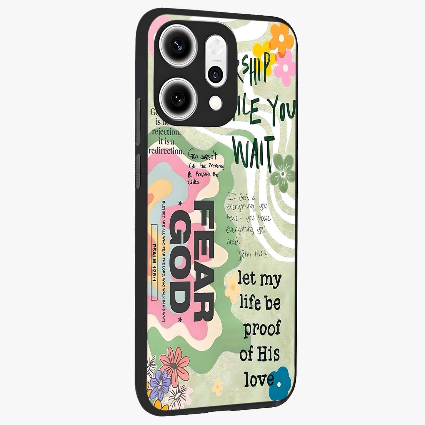 Faith Over Fear Glass Case upright view showcasing bold typography artwork with uplifting motivational theme.