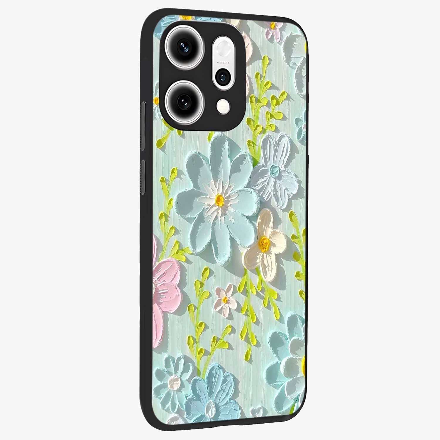 Frosted Petal Garden Glass Case upright view showcasing elegant floral garden artwork with soothing pastel theme.