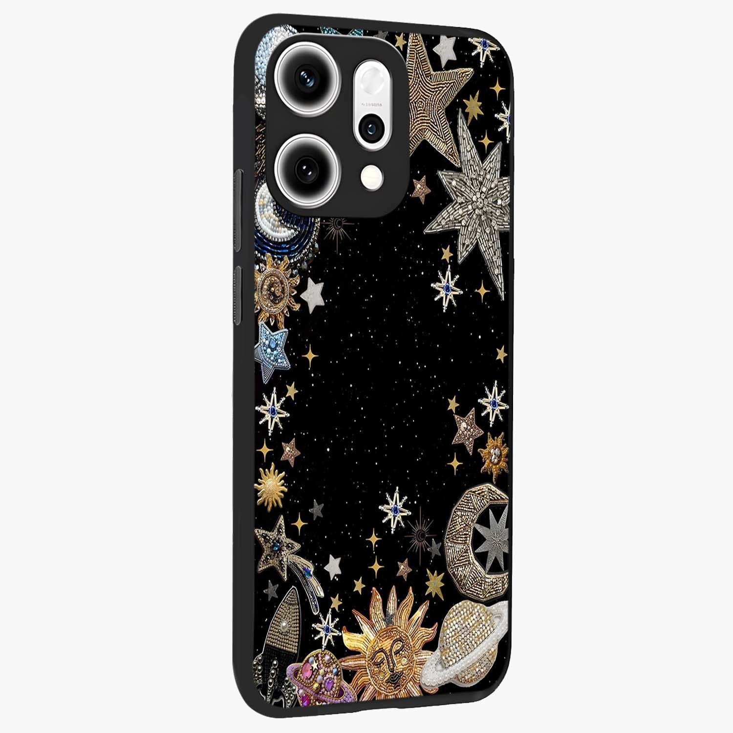 Galactic Jewel Stars Glass Case upright view showcasing glittering star jewel artwork with vibrant galaxy theme.