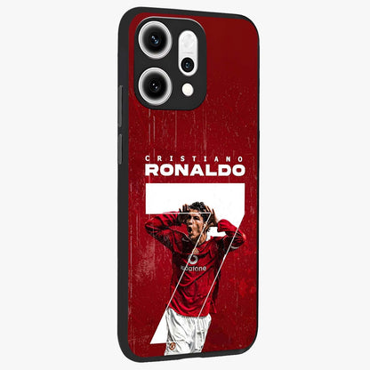 Goal Celebration Legacy Glass Case upright view showcasing dynamic football inspired artwork with victory celebration aesthetic.