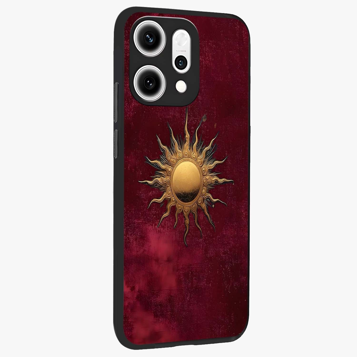 Golden Sun Minimalism Glass Case upright view showcasing simple golden sun artwork with elegant minimalist style.