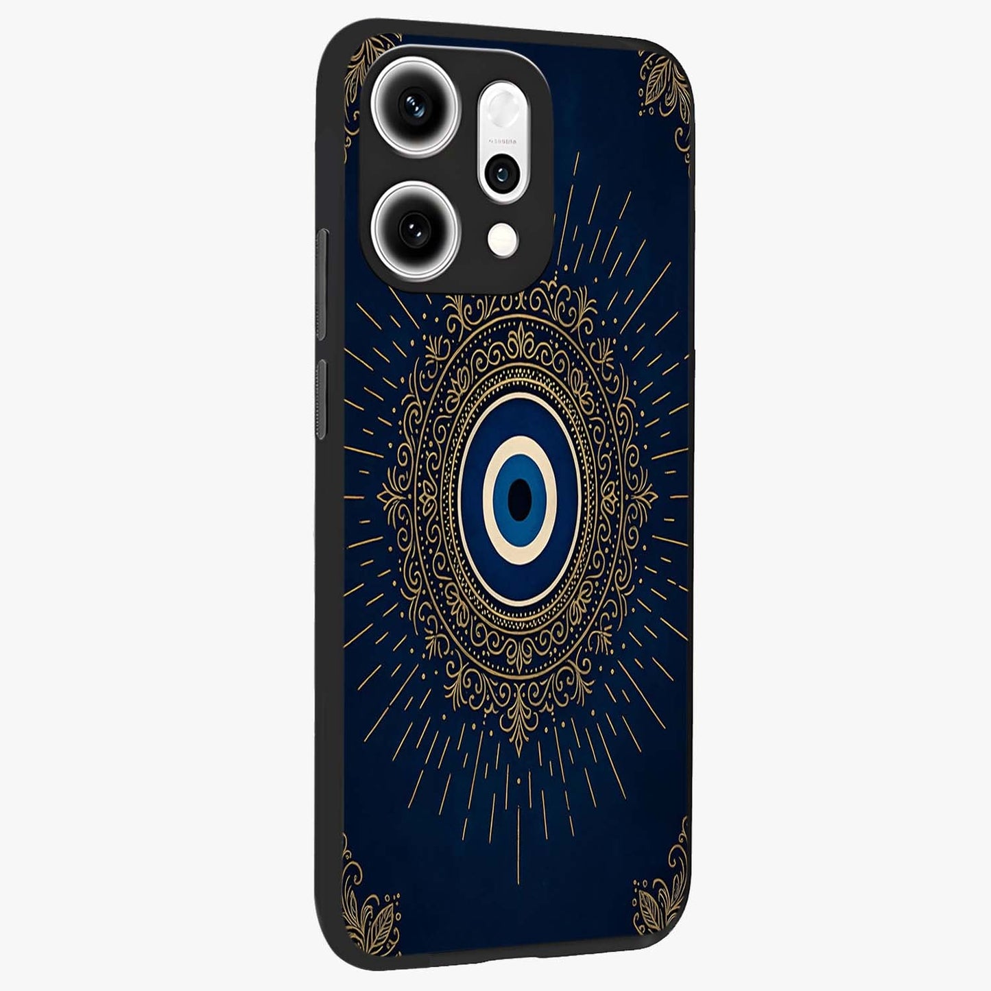 Golden Celestial Charm Glass Case upright view showcasing radiant celestial artwork with elegant golden theme.