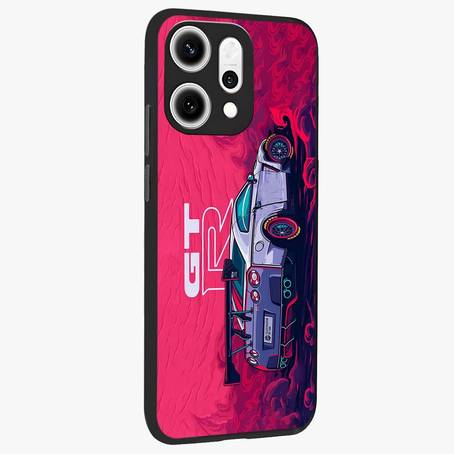 GT-R Car Pattern Glass Case upright view showcasing dynamic car pattern artwork with modern sports theme.