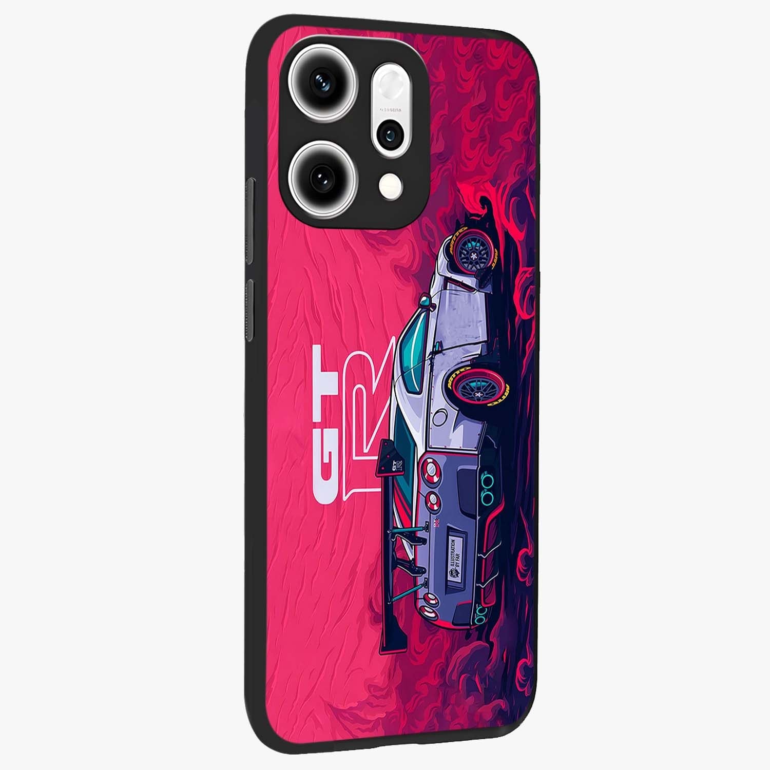 GT-R Car Pattern Glass Case upright view showcasing dynamic car pattern artwork with modern sports theme.