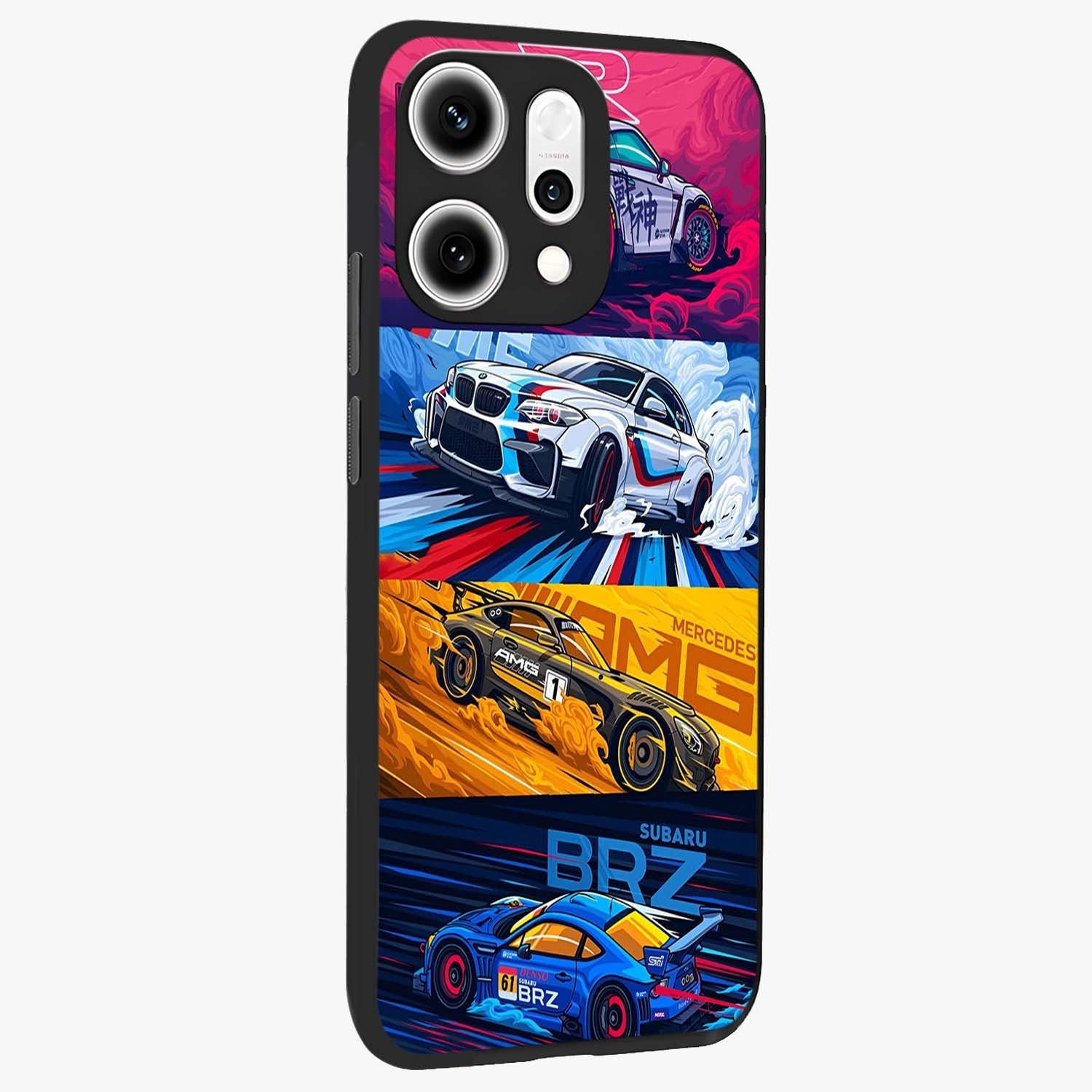 JDM Sports Car Glass Case upright view showcasing dynamic sports car artwork with bold racing theme.