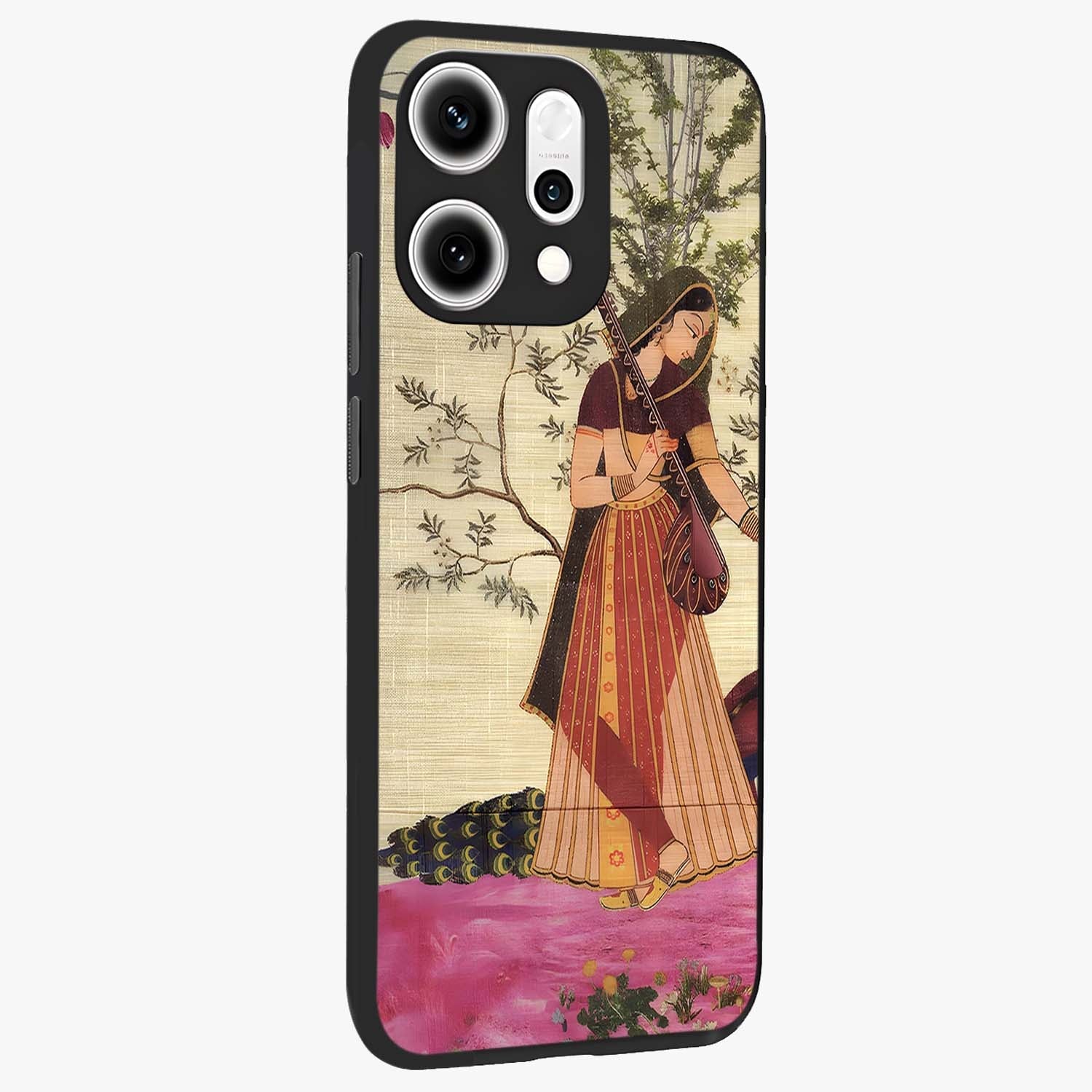 Lady With Veena Art Glass Case upright view showcasing classical veena artwork with traditional artistic theme.