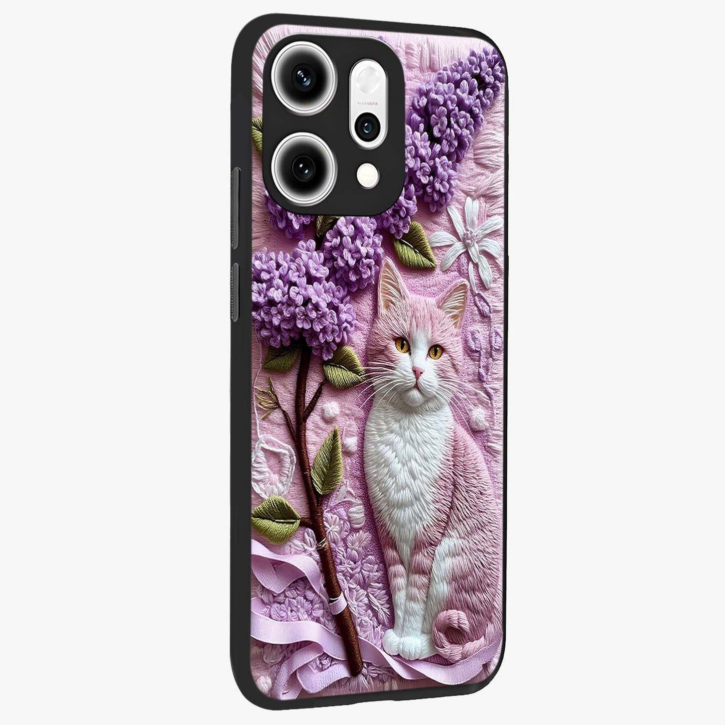 Lavender Cat Whimsy Glass Case upright view showcasing charming cat artwork with whimsical lavender theme.