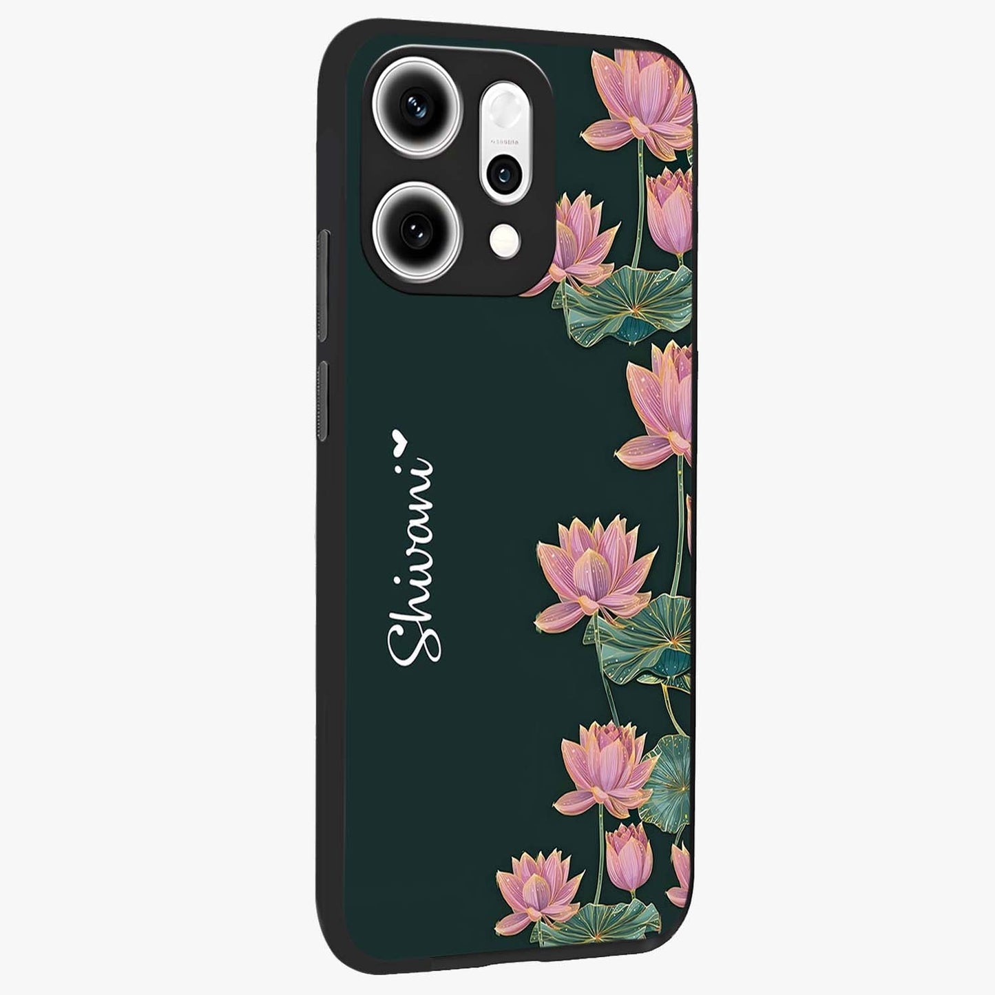 Lotus Bloom Serenity Custom Name Glass Case upright view showcasing serene lotus bloom artwork with personalized floral aesthetic.
