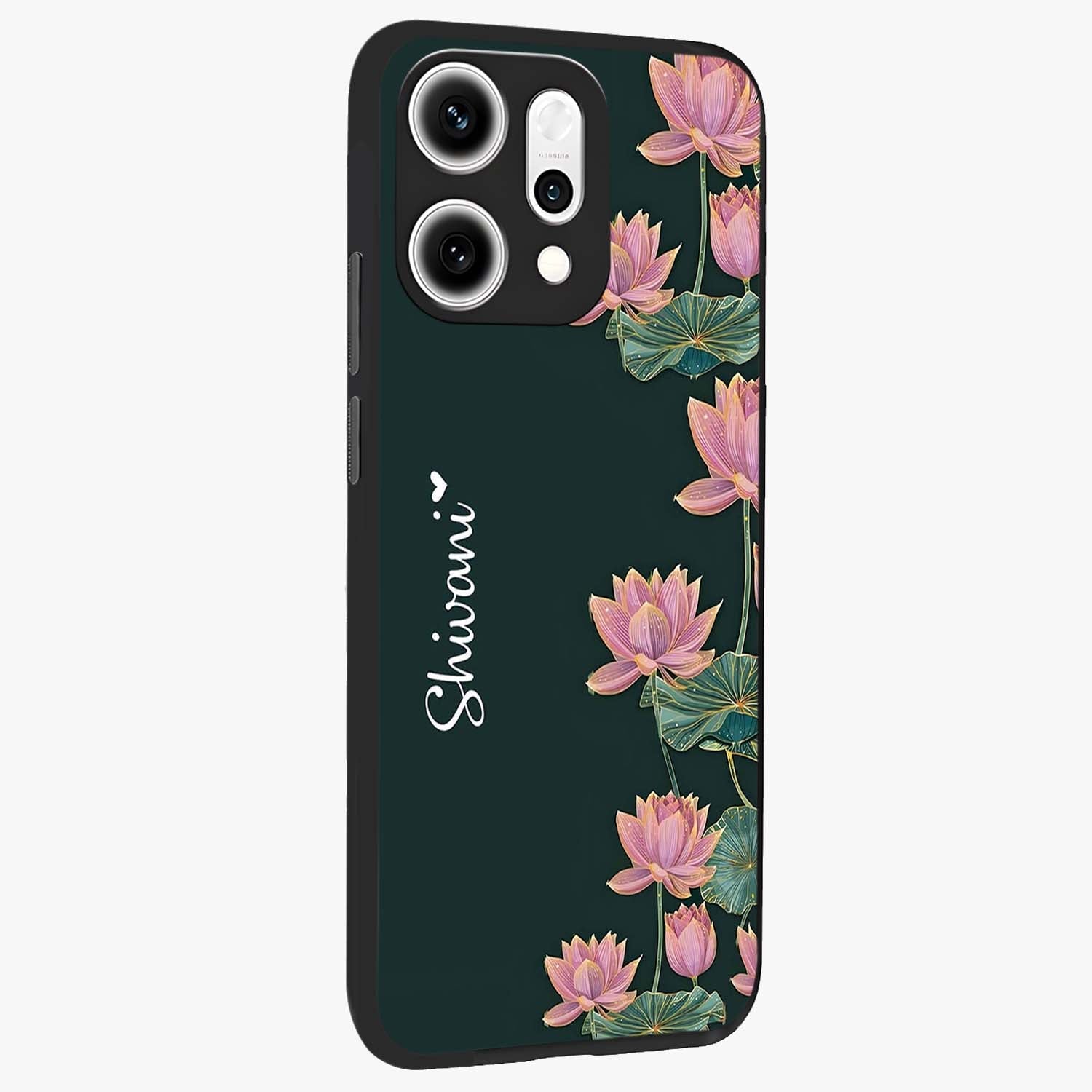Lotus Bloom Serenity Custom Name Glass Case upright view showcasing serene lotus bloom artwork with personalized floral aesthetic.